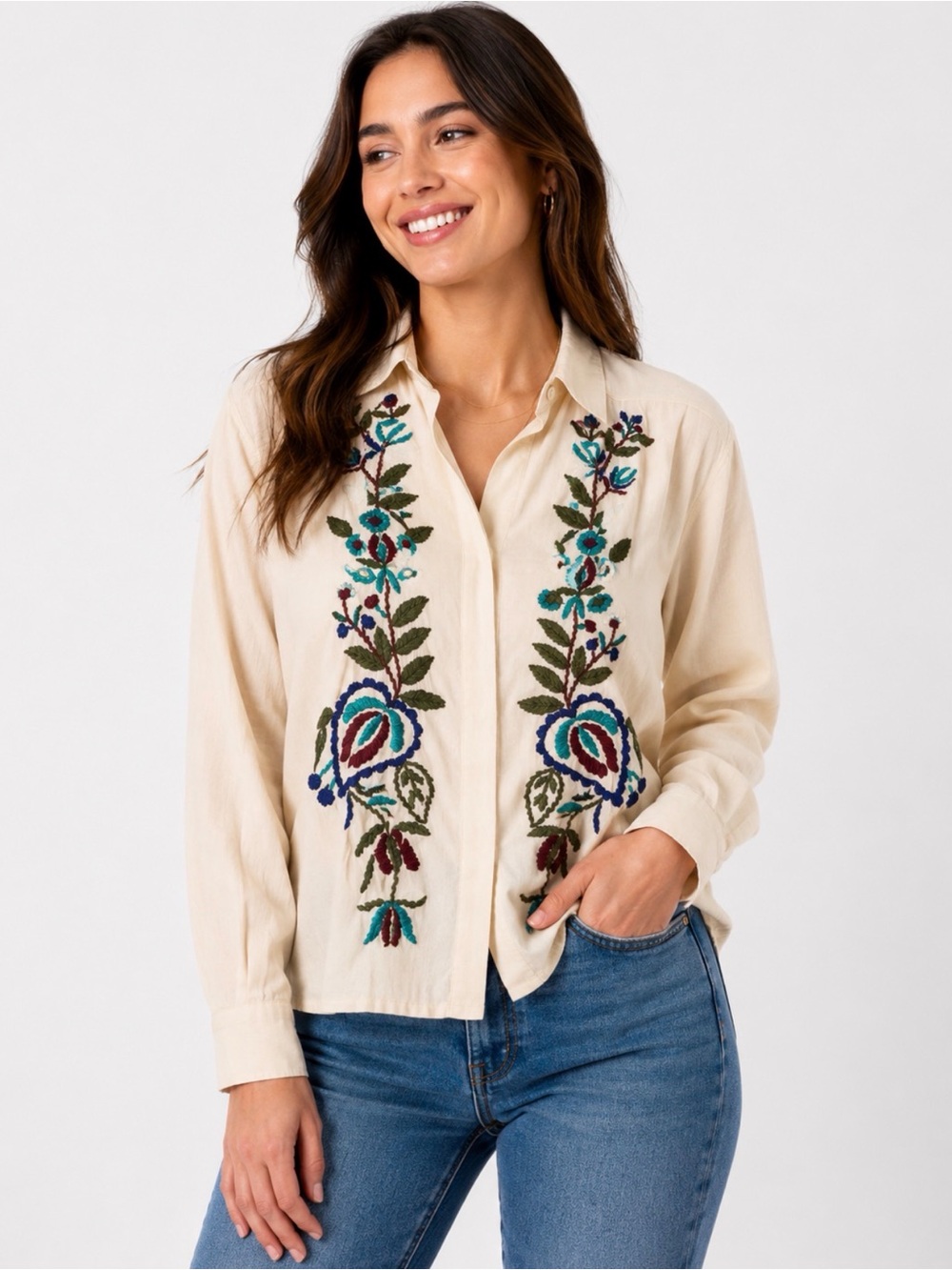 RAJ Embroidered 100% Cotton Button-Down Top in Cream Size Small